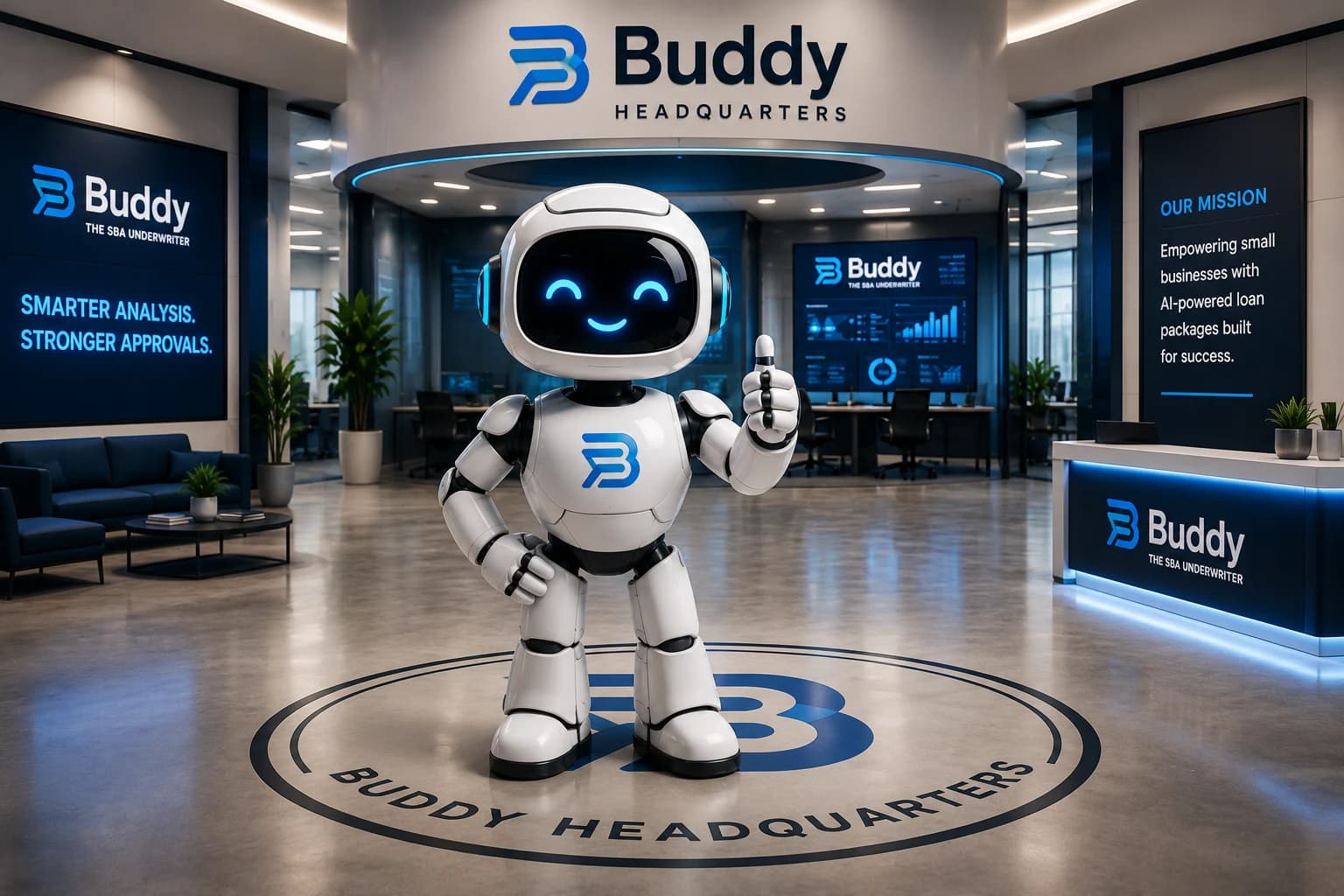 Buddy, the Sapphire Holdings AI assistant, giving a thumbs-up in the Buddy headquarters lobby